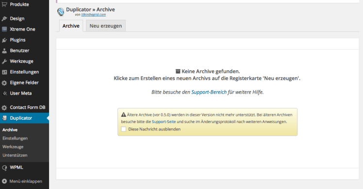 Duplicator Startbildschirm