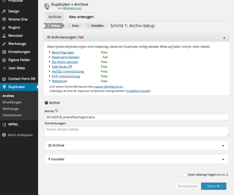 Duplicator Archiv erzeuge